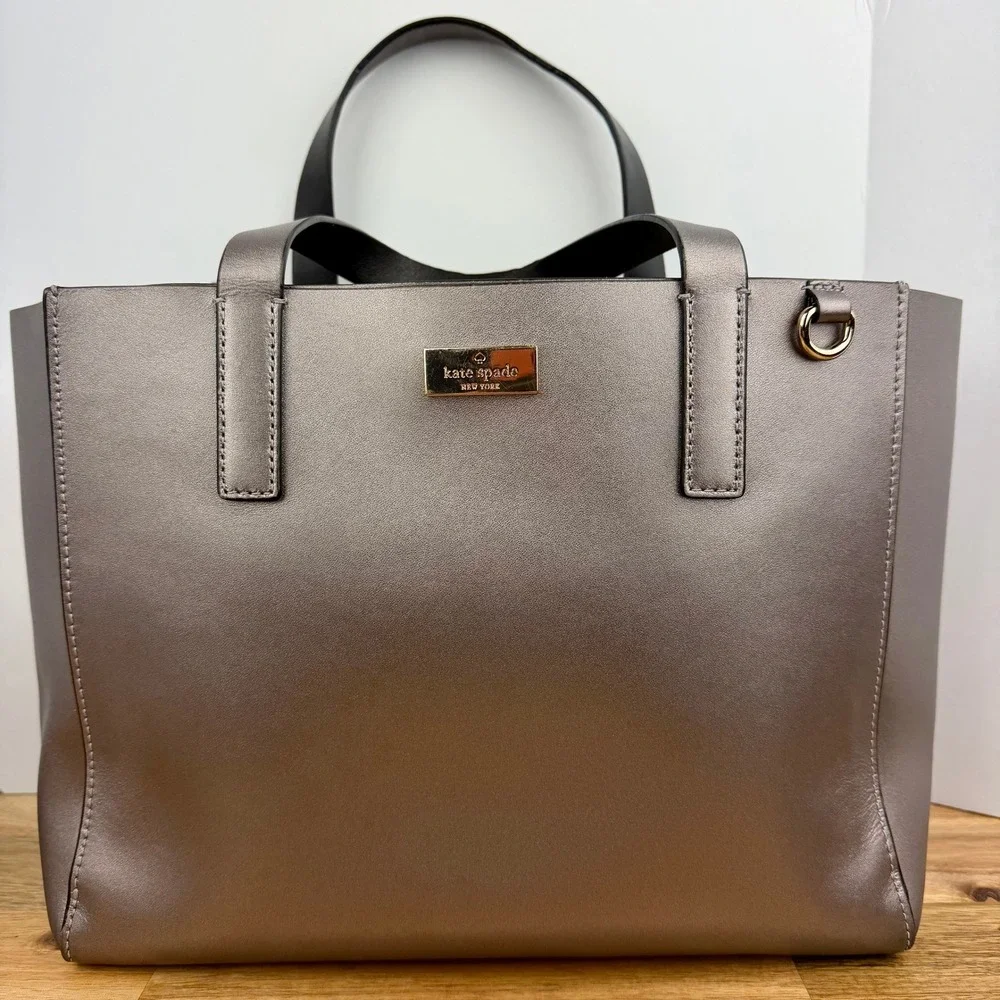 Kate Spade Metallic Pewter Leather Tote Bag Triple Compartment Handbag Gunmetal